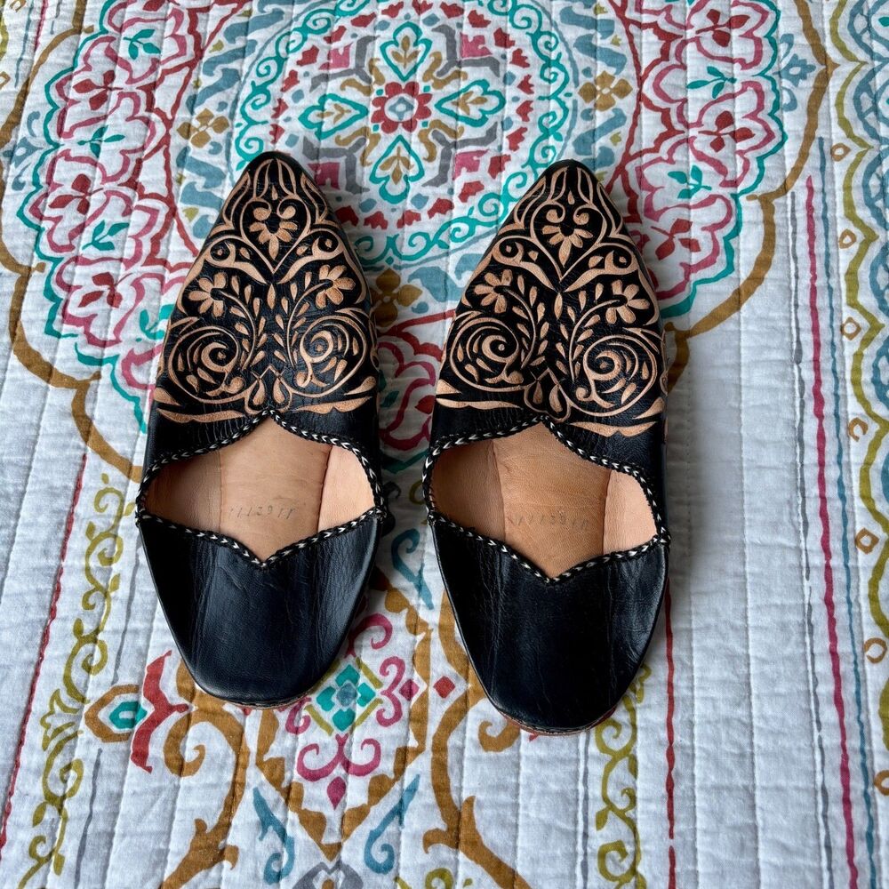 Handmade Moroccan Leather Babouche Slides Black Floral Cutout Size 39/US 7